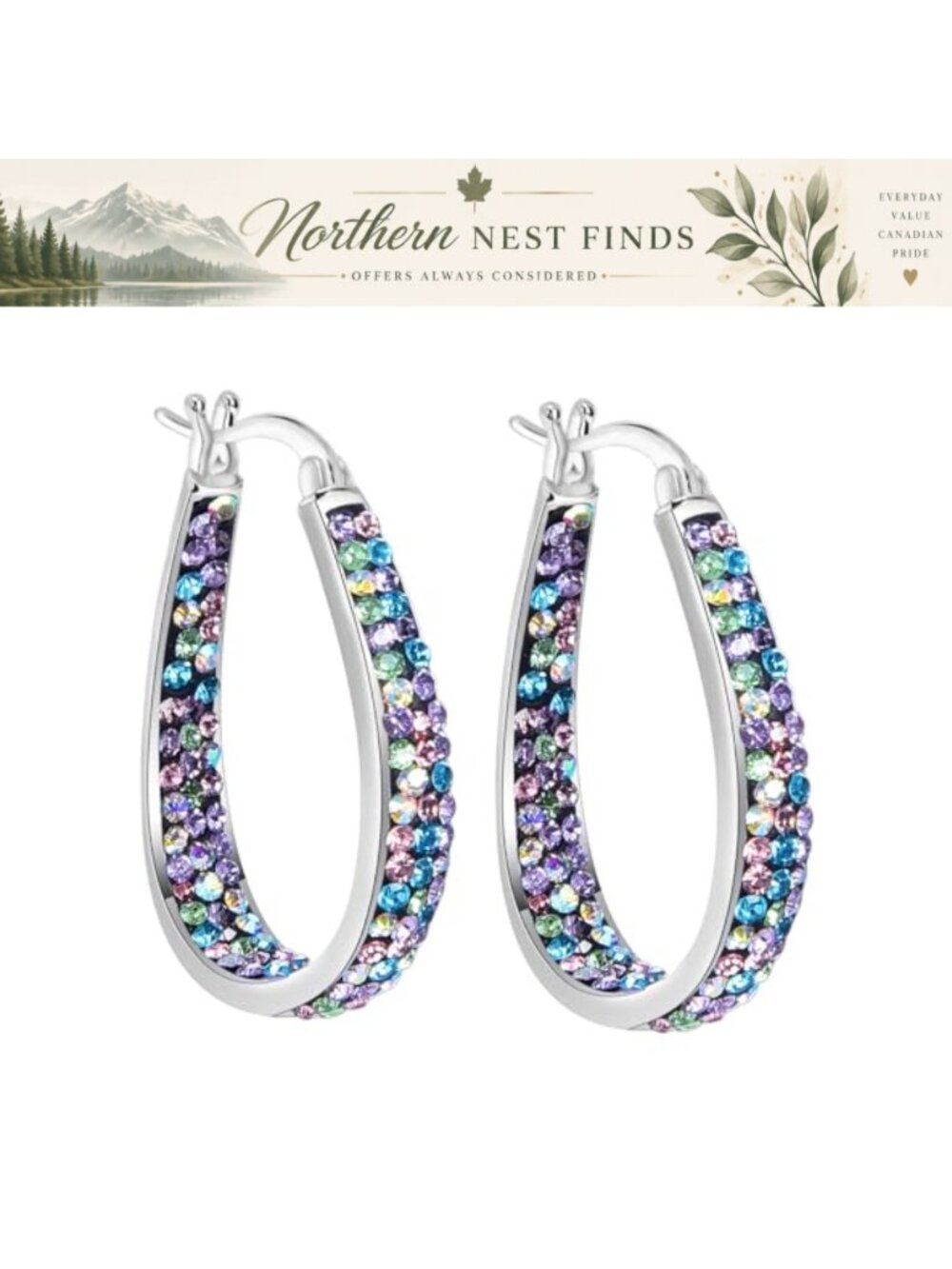Silver Plated Crystal Hoop Earrings Oval Inside Out 1.2 Inch